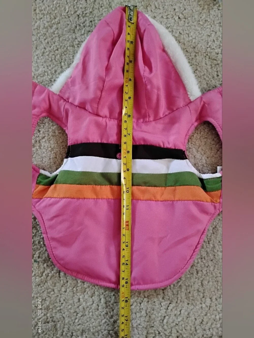 Brand New, Never Worn Pink Hooded Pet Jacket with Multicolor Stripe - Size XS